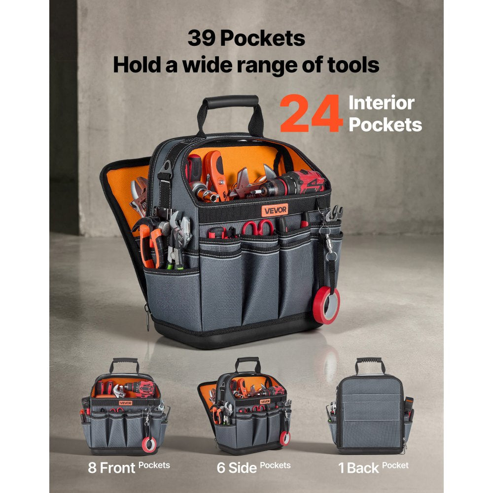 VEVOR Tool Bag, 13.2 Inch, 39-Pocket Open Top Tool Pouch, Portable Electrical Maintenance Toolbox Organizer Storage with Hard Plastic Base, Adjustable Shoulder Strap, for Professionals DIY & Jobsite