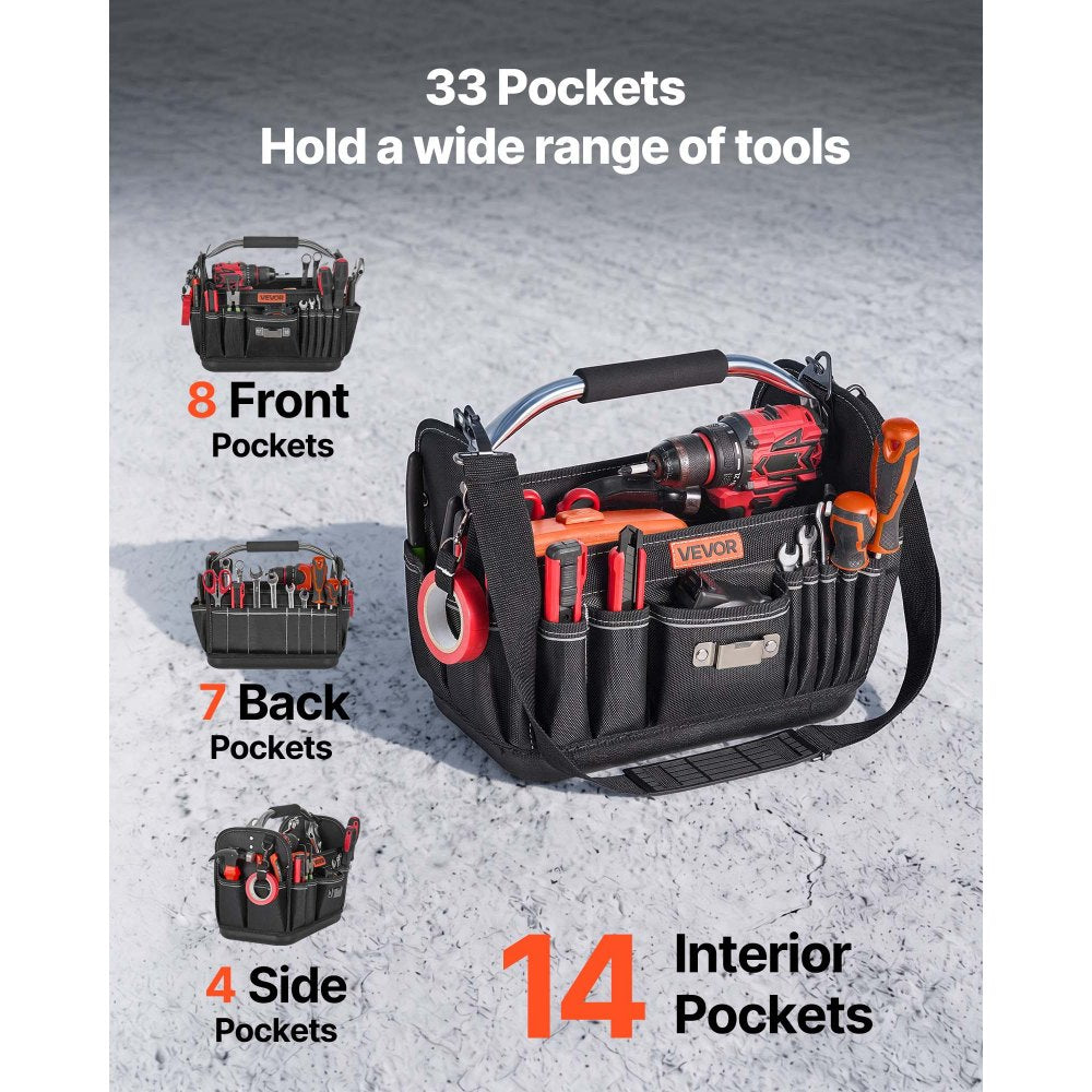 VEVOR Tool Bag, 13 Inch, 33-Pocket Open Top Tool Tote, Portable Electrical Maintenance Toolbox Organizer Storage with Hard Plastic Base, Adjustable Shoulder Strap, for Professionals DIY & Jobsite Use
