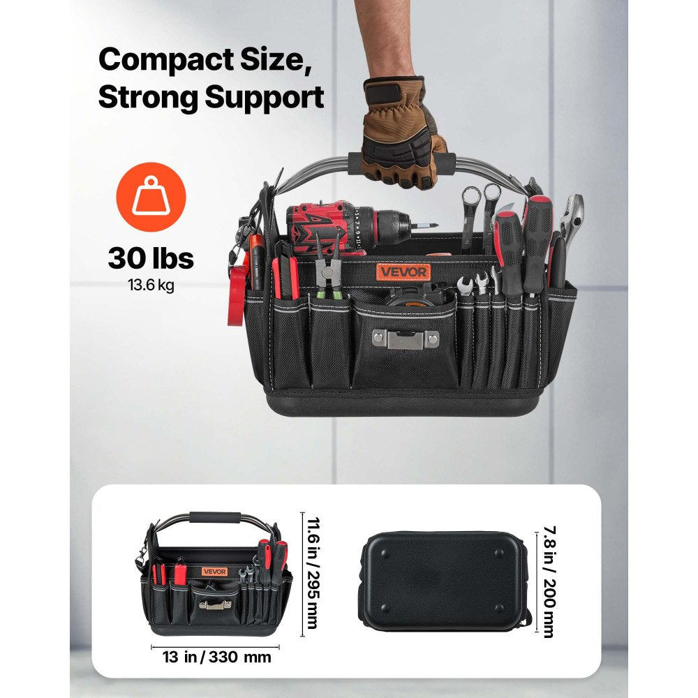 VEVOR Tool Bag, 13 Inch, 33-Pocket Open Top Tool Tote, Portable Electrical Maintenance Toolbox Organizer Storage with Hard Plastic Base, Adjustable Shoulder Strap, for Professionals DIY & Jobsite Use