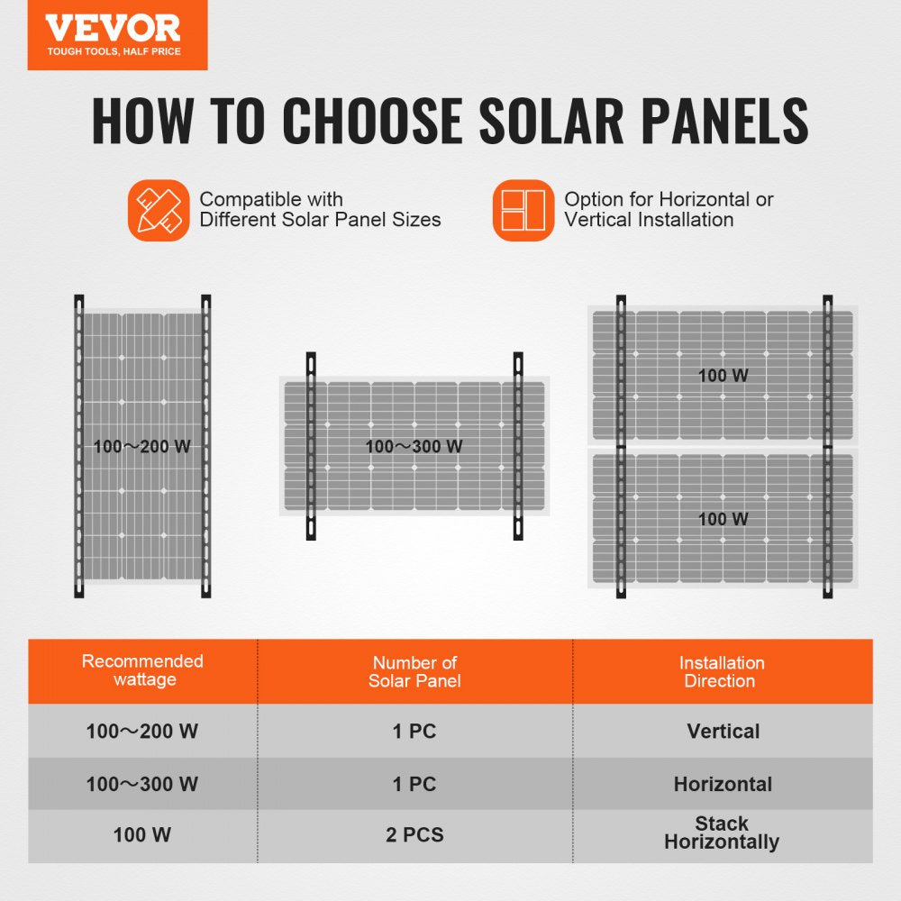 VEVOR 41-Inch Solar Panel Mounting Brackets, 0 to 90° Adjustable Tilt Mount Brackets Support 100-300W Solar Panels, Lightweight Aluminum Brackets with Folding Tilt Legs for RV, Roof, Boat, Off-Grid