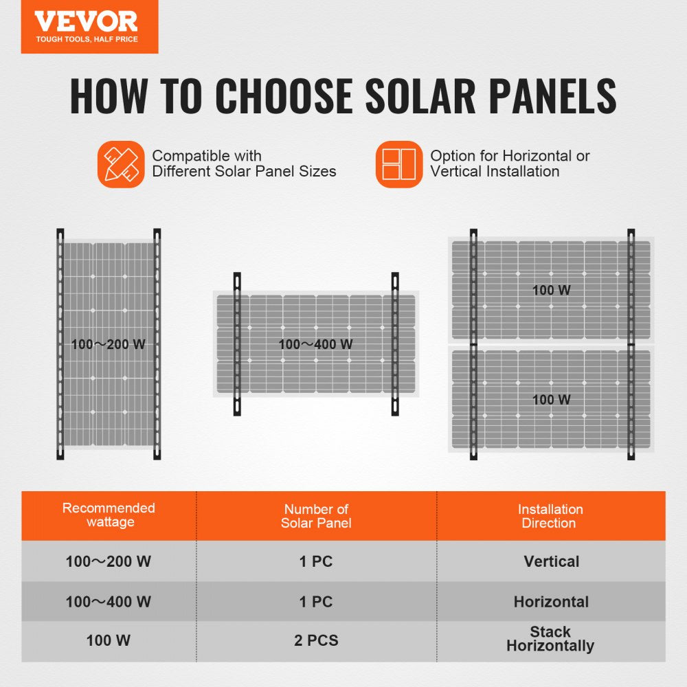 VEVOR 2 Sets Solar Panel Mounting Brackets 45-Inch, 0 to 90° Adjustable Tilt Mount Brackets Support 100-400W Solar Panels, Lightweight Aluminum Brackets with Folding Tilt Legs for RV Boat Off-Grid