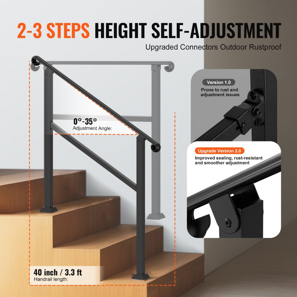 VEVOR Handrails for Outdoor Steps, 2-3 Step Stair Hand Rail & Indoor Railing Kit, Railings for Outside Steps with Installation Kit, Hand Rails for Seniors,Porch Railing & Deck Hand Rail, Black