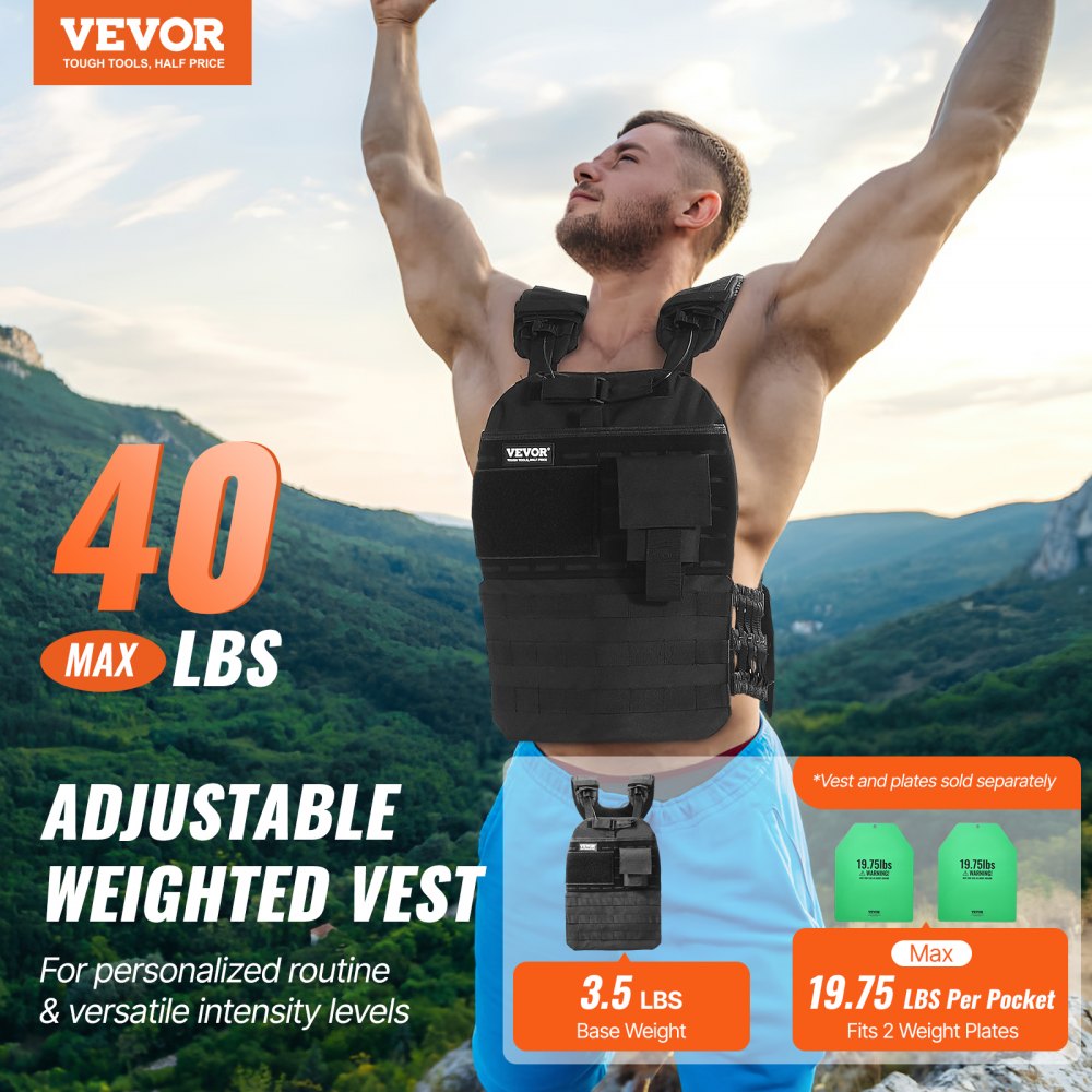 VEVOR Weighted Vest, 40lb Weight Vest, Adjustable Body Weight Jacket for Men Women, Workout Equipment for Strength and Endurance Training, Running, Jogging, Walking, Fitness, and Weight Loss