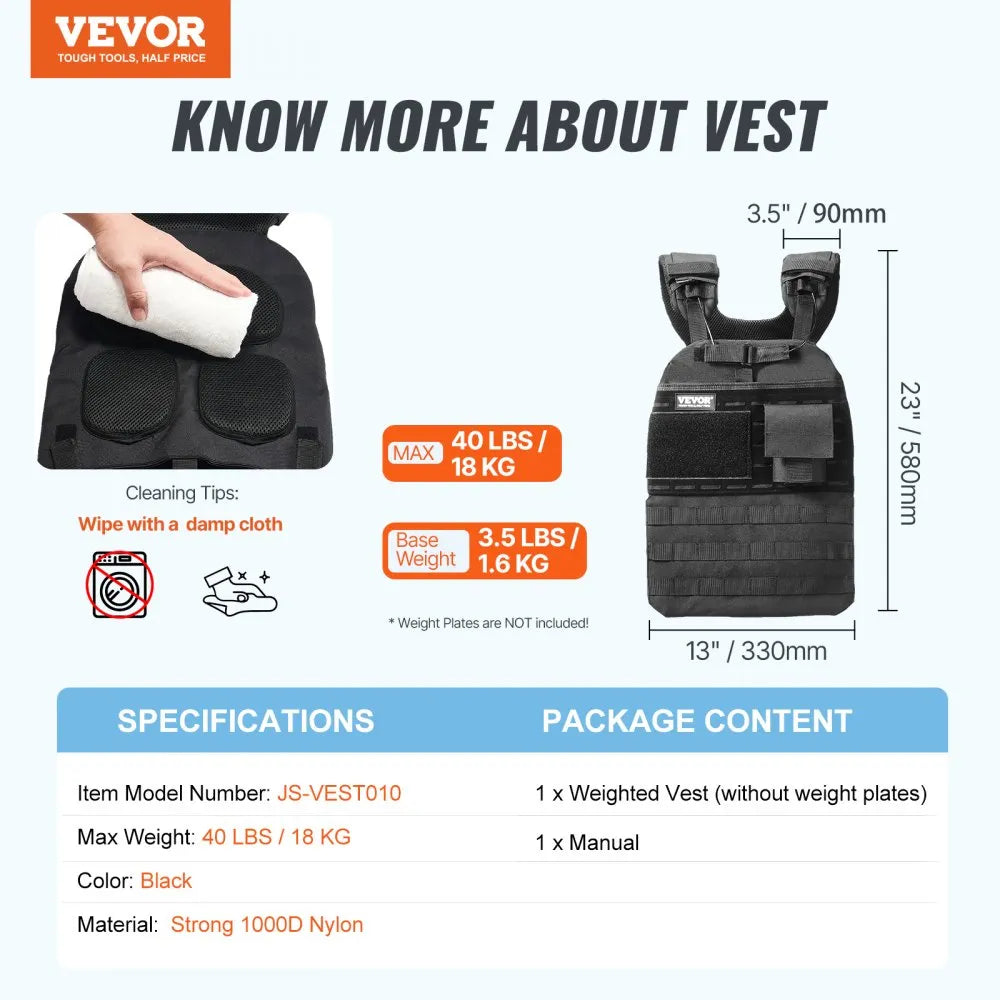 VEVOR Weighted Vest, 40lb Weight Vest, Adjustable Body Weight Jacket for Men Women, Workout Equipment for Strength and Endurance Training, Running, Jogging, Walking, Fitness, and Weight Loss