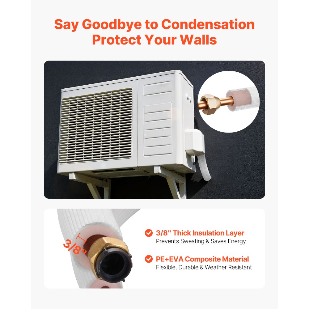 VEVOR 25ft Mini Split Line Set, 3/8” & 5/8” OD AC Copper Tubing Pipe, 3/8 White PE Thickened Insulated Coil with Flared Nuts, Rich Fittings, for Mini Split Air Conditioner HVAC or Heat Pump System
