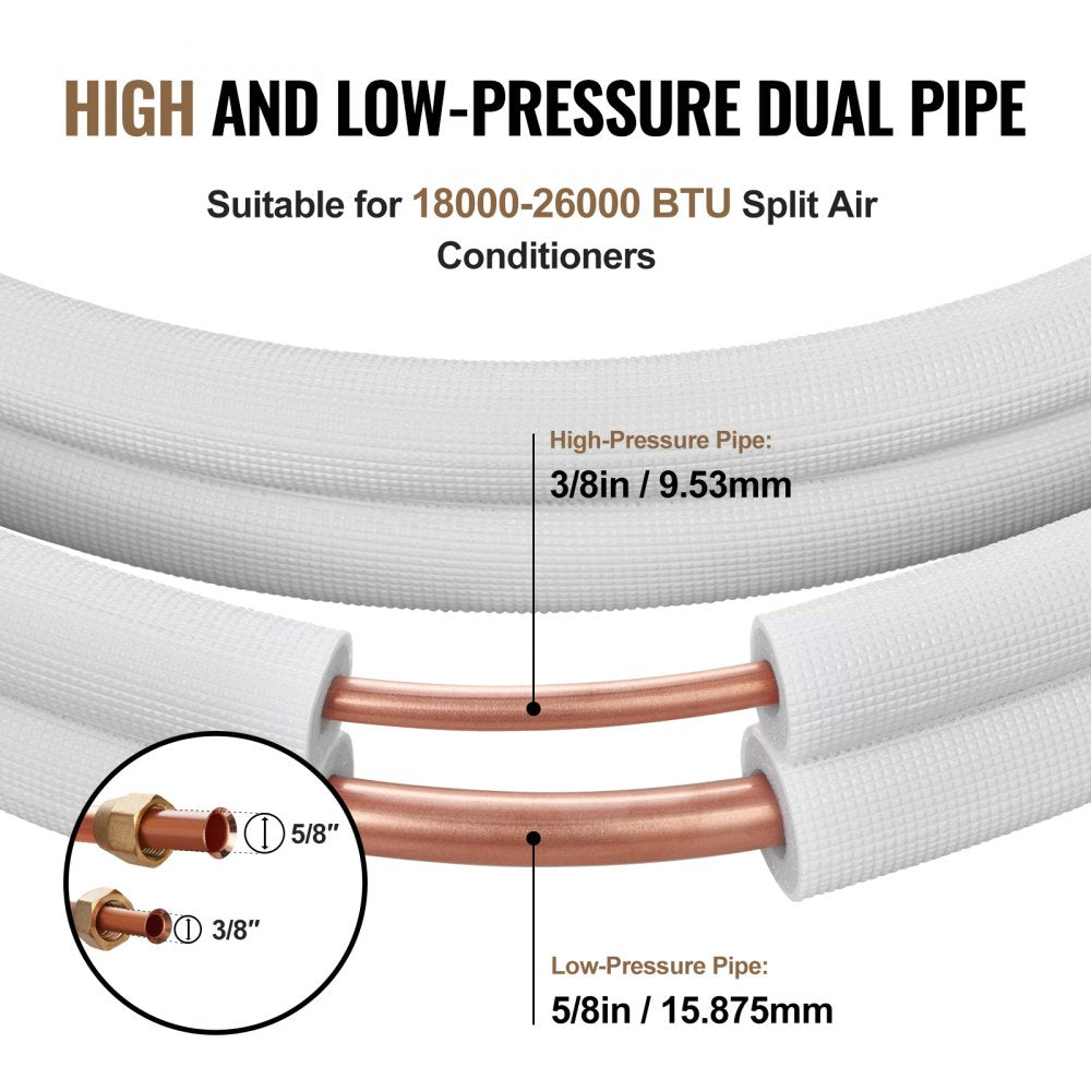 VEVOR 16FT Mini Split Line Set, 3/8" & 5/8" O.D Copper Pipes Tubing and Triple-Layer Insulation, for Air Conditioning or Heating Pump Equipment & HVAC with Rich Accessories (18ft Connection Cable)
