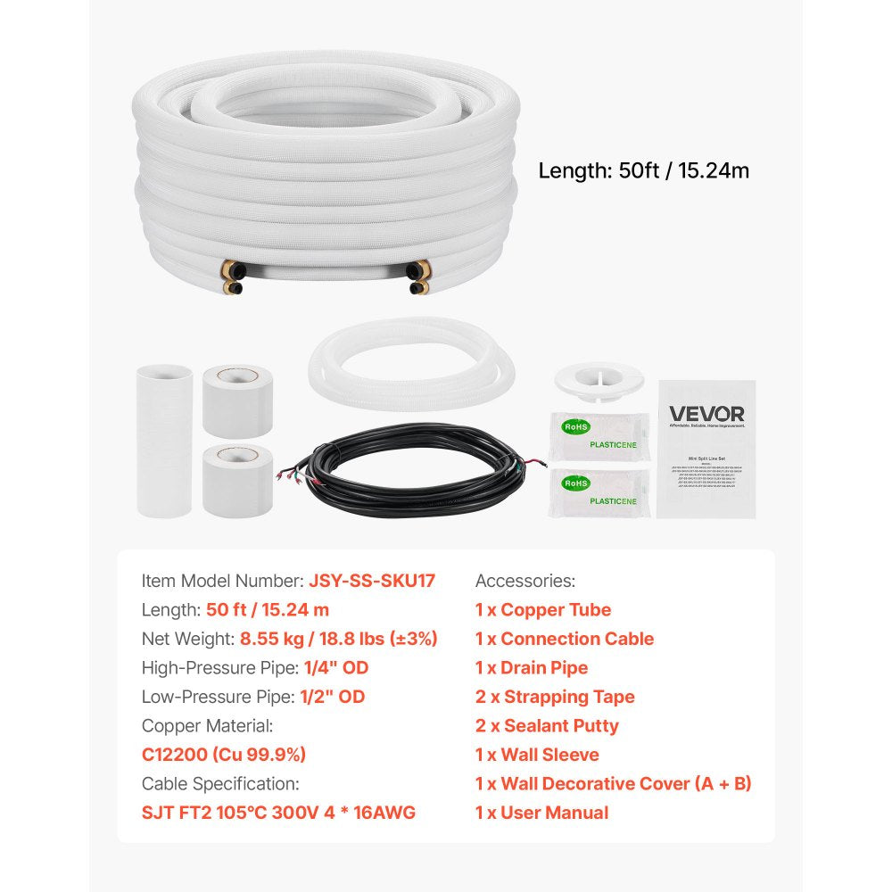 VEVOR 50ft Mini Split Line Set, 1/4” & 1/2” OD AC Copper Tubing Pipe, 3/8 White PE Thickened Insulated Coil with Flared Nuts, Rich Fittings, for Mini Split Air Conditioner HVAC or Heat Pump System