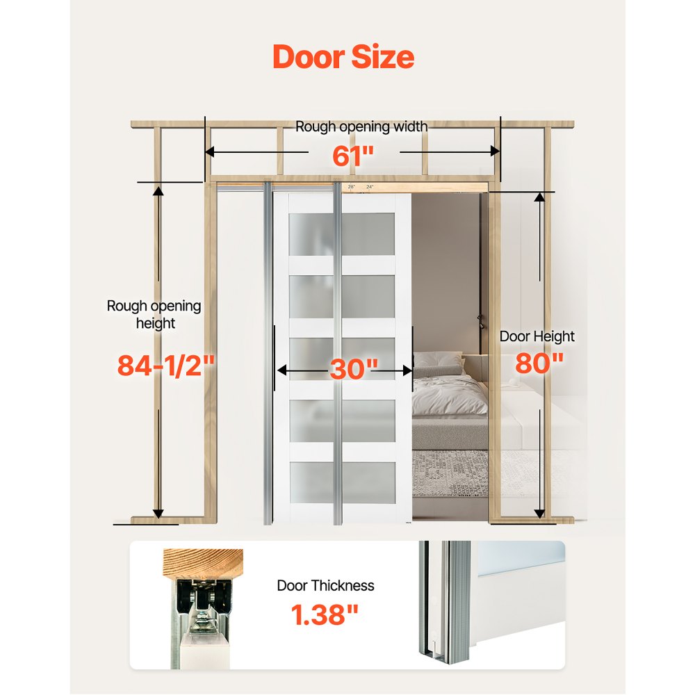 VEVOR sliding pocket door - door size diagram (30 in W, 80 in H, 1.38 in thick; rough opening 61 in x 84.5 in)