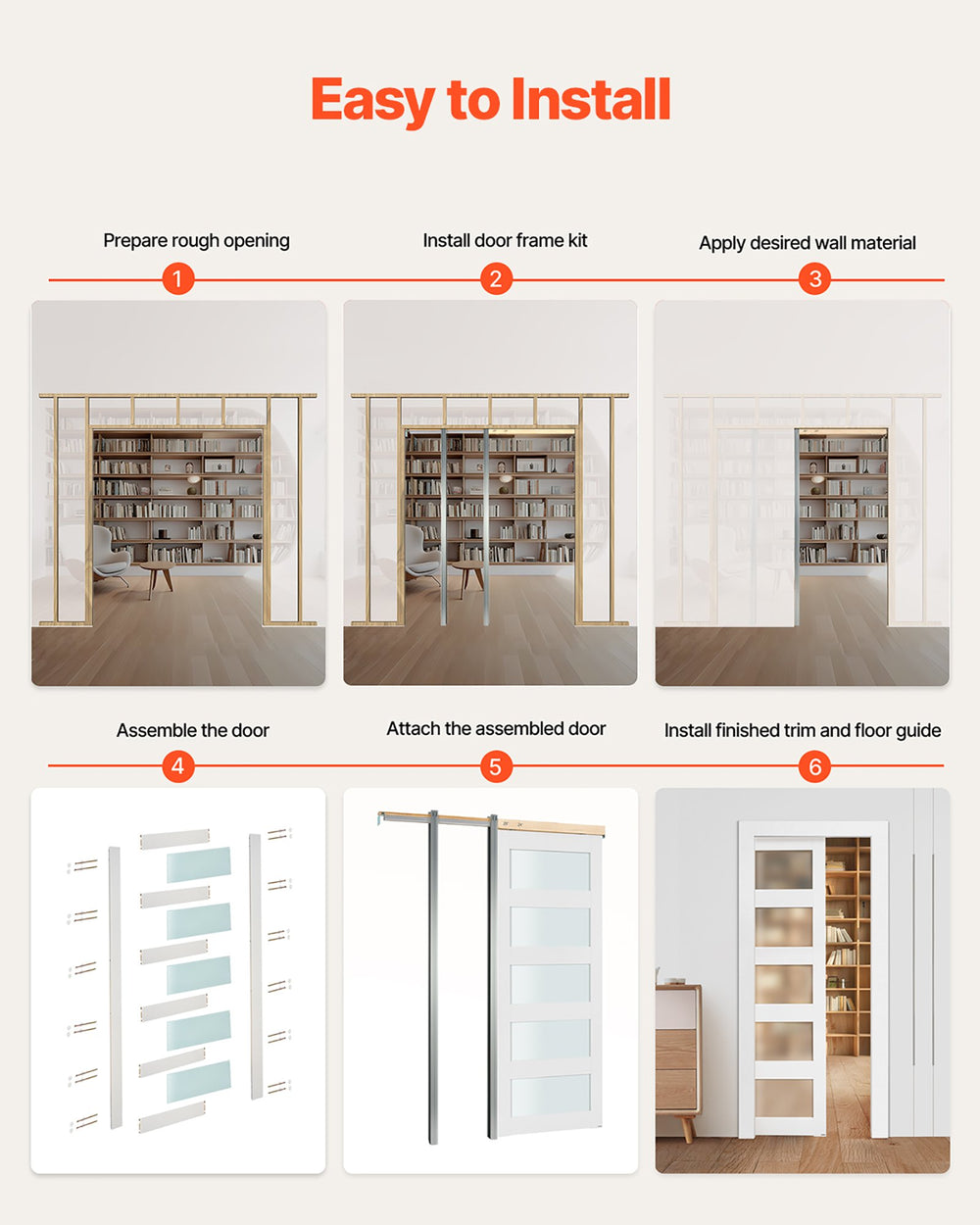 VEVOR sliding pocket door - easy to install overview steps