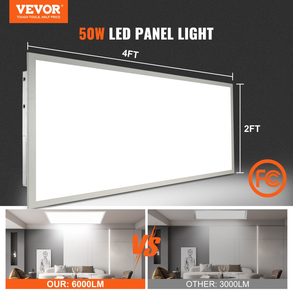 VEVOR 2 Pack 2x4FT LED Flat Panel Light, 6000LM 50W, Surface Mount LED Drop Ceiling Light Fixture with Adjustable Color Temperature 3500K/4000K/5000K, for Home Office Classroom, Tested to UL Standards