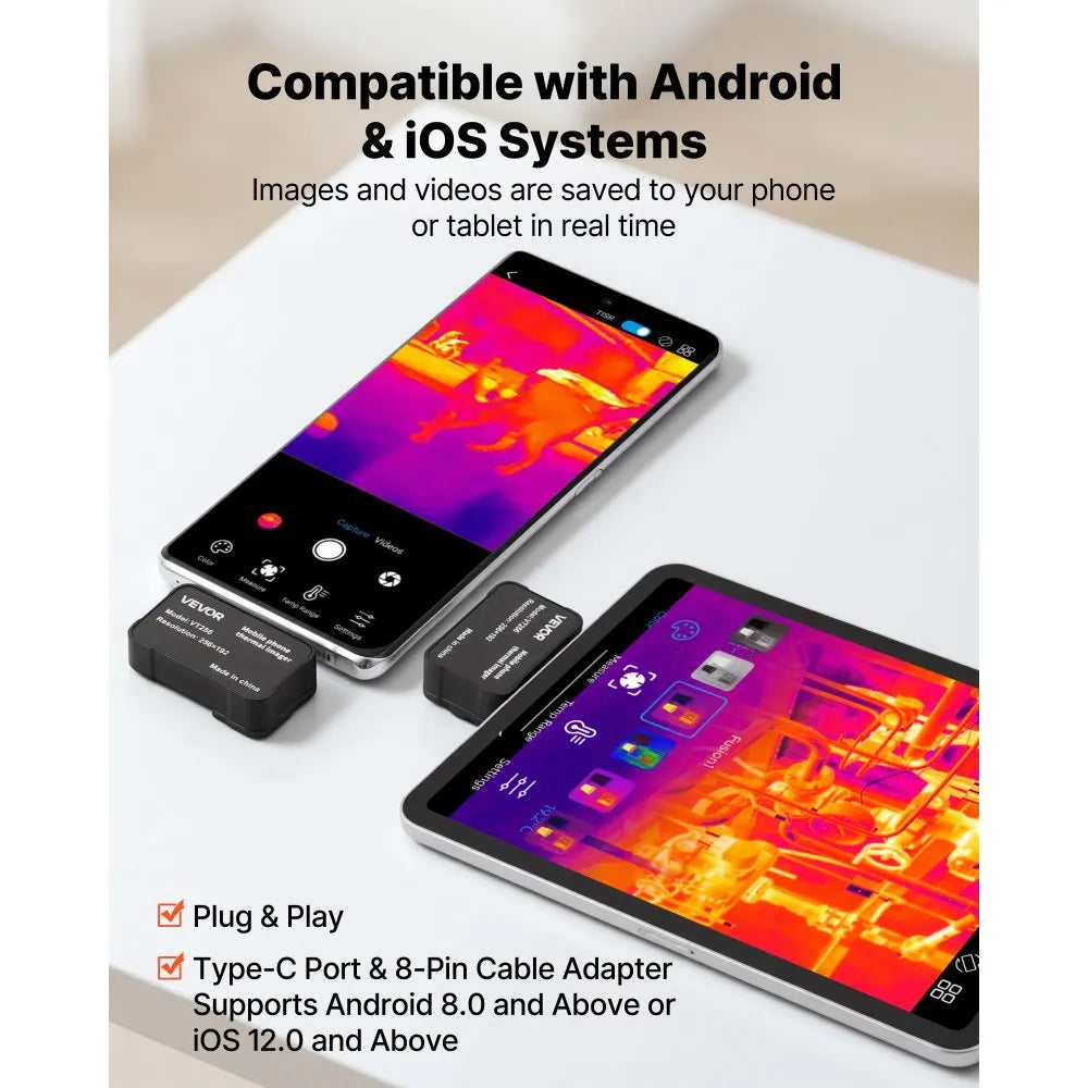 VEVOR Thermal Imaging Camera for Android & iOS, 512 x 384 Super Resolution with Macro Lens, 25HZ Refresh Rate Infrared Thermal Imager for Smartphones Tablets, 256 x 192 IR Resolution, -4°F to 1022°F
