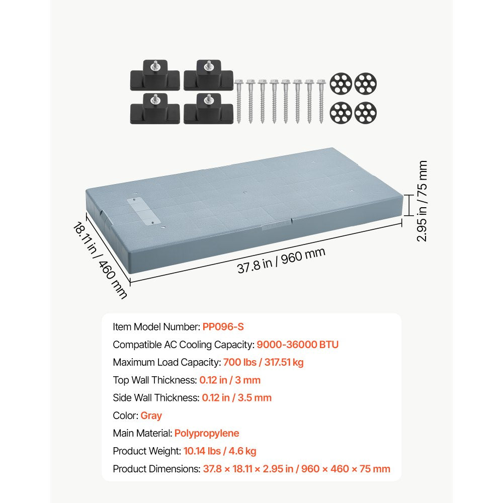 VEVOR Mini Split Pad 38L x 18W x 3H in for 9000-36000 BTU Air Conditioner, AC Condenser Base for Ductless Air Conditioner, Heat Pump, 700 lbs Capacity, Heavy Duty Outdoor AC Unit Base, Rubber Pad,Gray