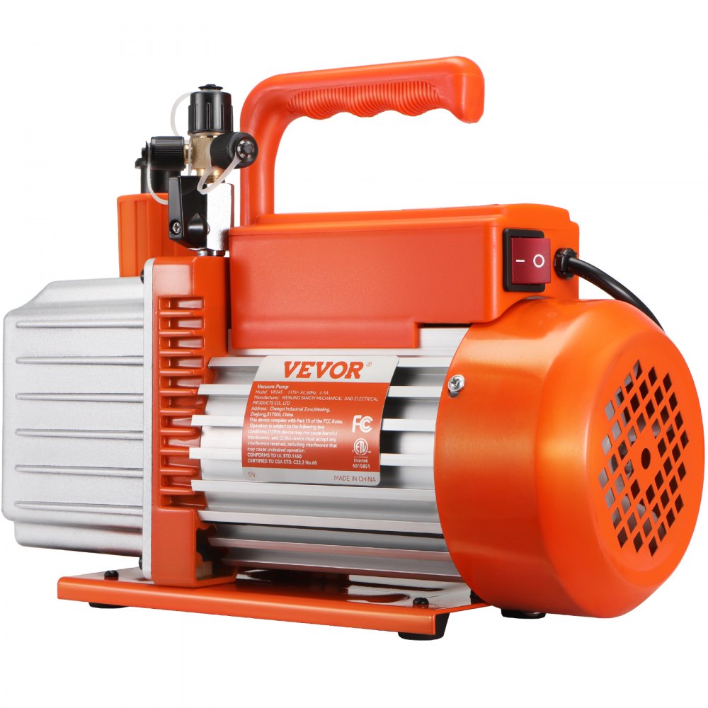 VEVOR 1/2 HP 2 Stage Rotary Vane Vacuum Pump, 5 CFM, 115V Air Conditioning Vacuum Pump, 1/4" SAE Male 3/8" SAE Male 1/2" ACME Male Inlet, for HVAC Repair, Refrigeration Maintenance, Resin Degassing
