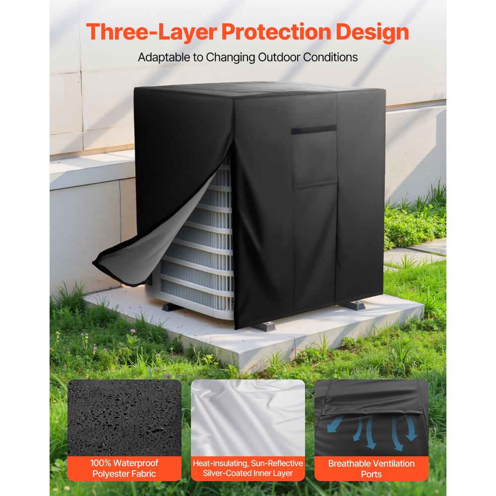 VEVOR Air Conditioner Cover, 32 x 32 x 36 inch Ac Cover for Air Conditioning Unit, Three-Layer, Waterproof Polyester Fabric, Mesh Ventilation, Universal Defender for Outdoor Outside Ac Unit, Black
