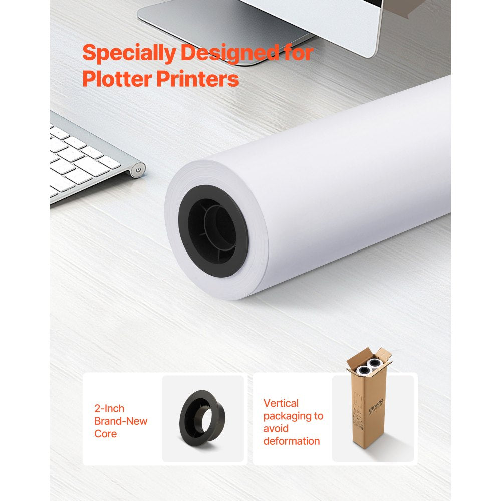 VEVOR Wide Format Paper, 24 in x 150 ft Plotter Roll, 2 Rolls CAD Bond Rolls with 2 in Core, 20 LB Bond Paper Rolls, Ideal for CAD Drawings, Engineering Plans, GIS Maps, and Architectural Designs