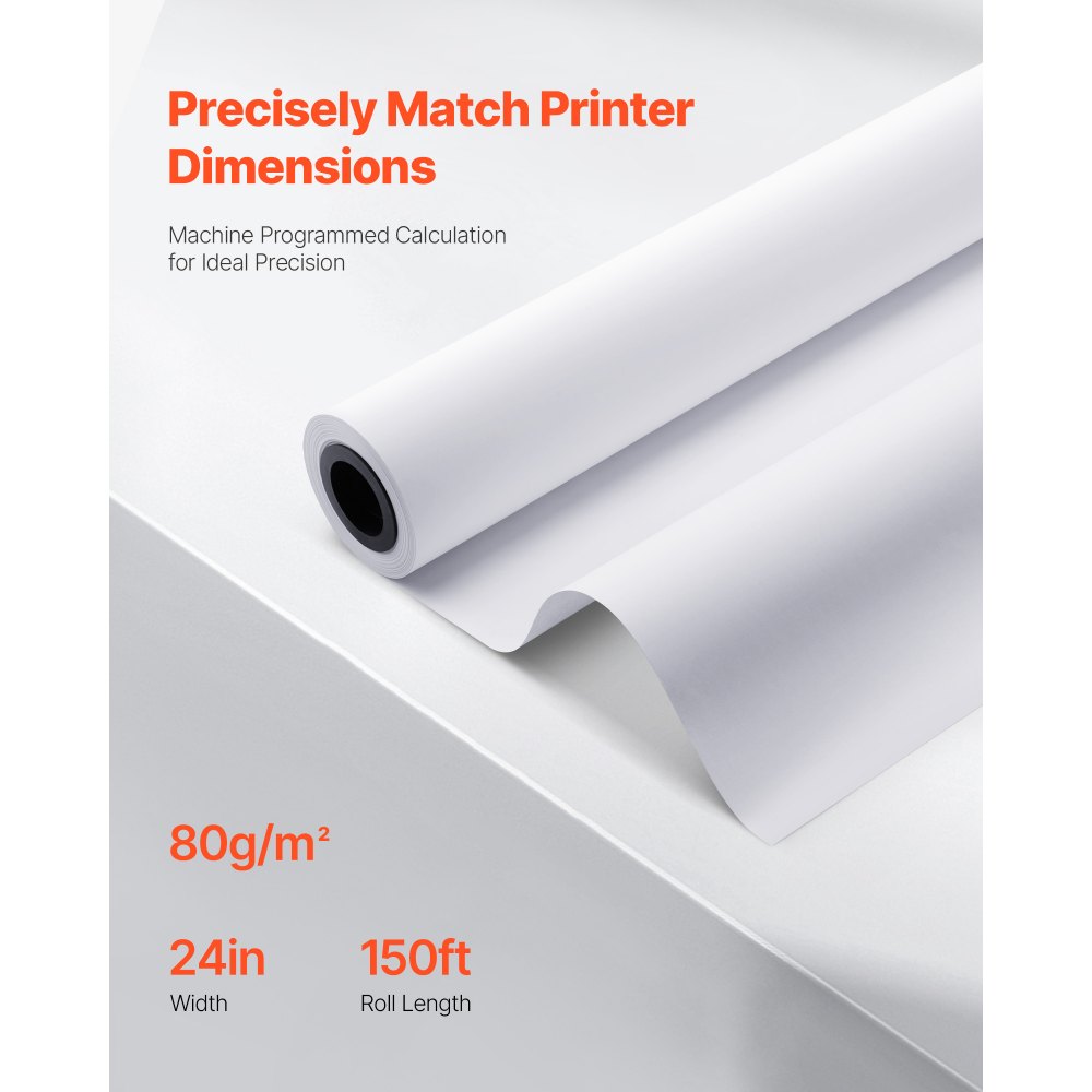 VEVOR Wide Format Paper, 24 in x 150 ft Plotter Roll, 2 Rolls CAD Bond Rolls with 2 in Core, 20 LB Bond Paper Rolls, Ideal for CAD Drawings, Engineering Plans, GIS Maps, and Architectural Designs