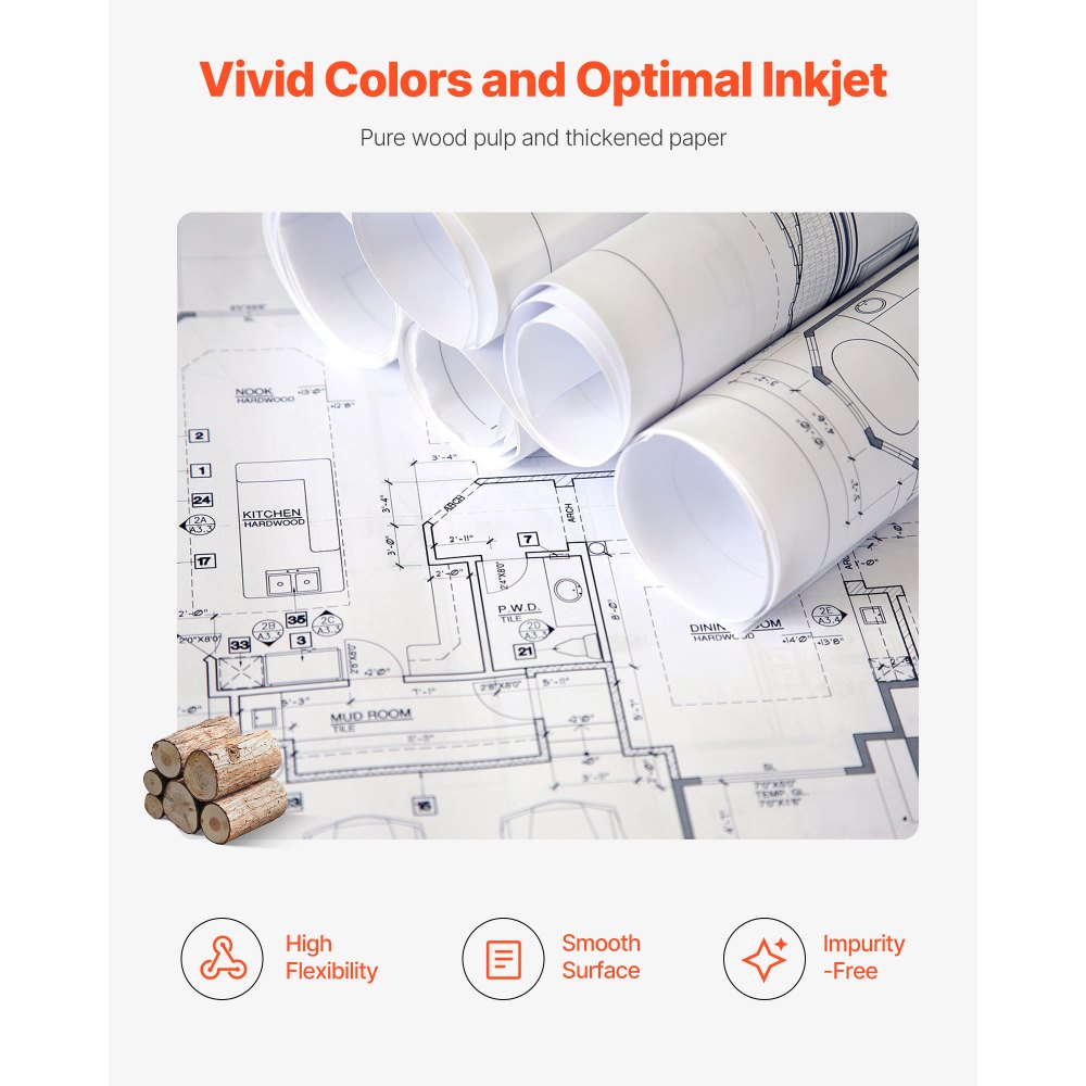 VEVOR Wide Format Paper, 24 in x 150 ft Plotter Roll, 2 Rolls CAD Bond Rolls with 2 in Core, 20 LB Bond Paper Rolls, Ideal for CAD Drawings, Engineering Plans, GIS Maps, and Architectural Designs
