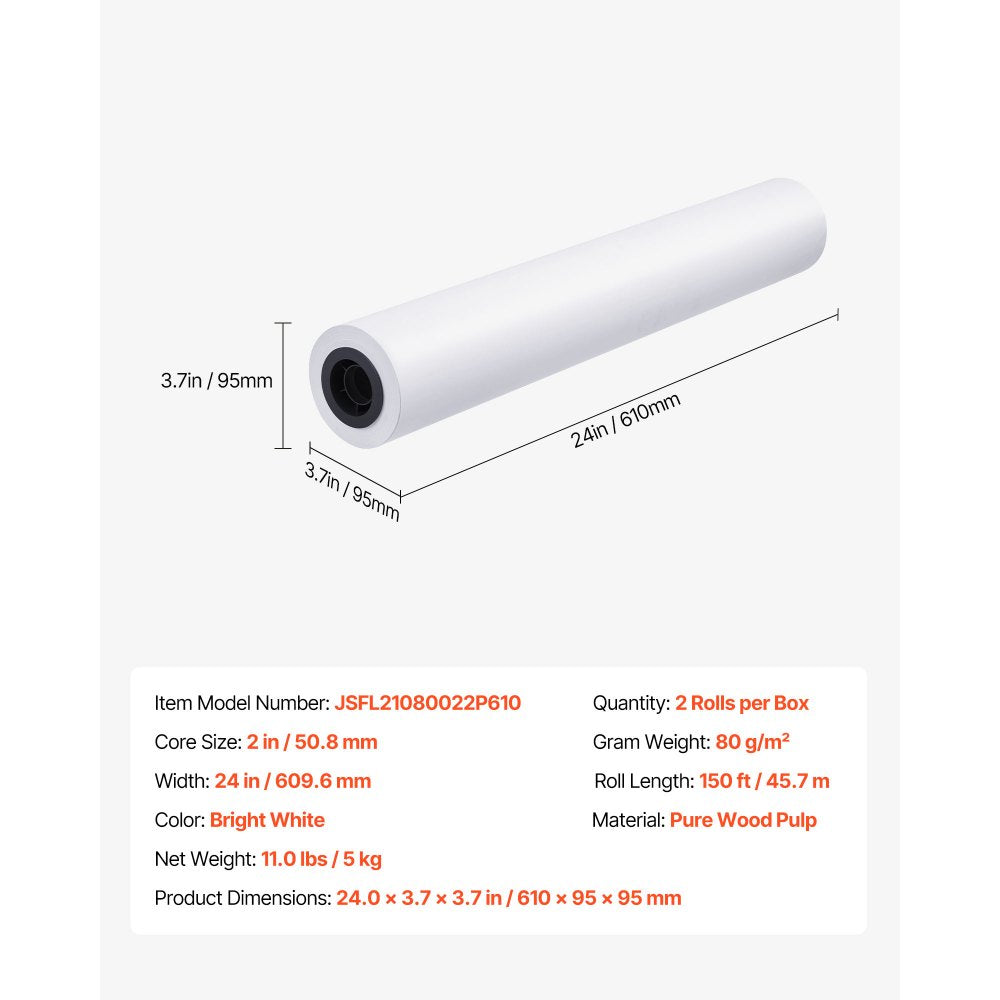 VEVOR Wide Format Paper, 24 in x 150 ft Plotter Roll, 2 Rolls CAD Bond Rolls with 2 in Core, 20 LB Bond Paper Rolls, Ideal for CAD Drawings, Engineering Plans, GIS Maps, and Architectural Designs
