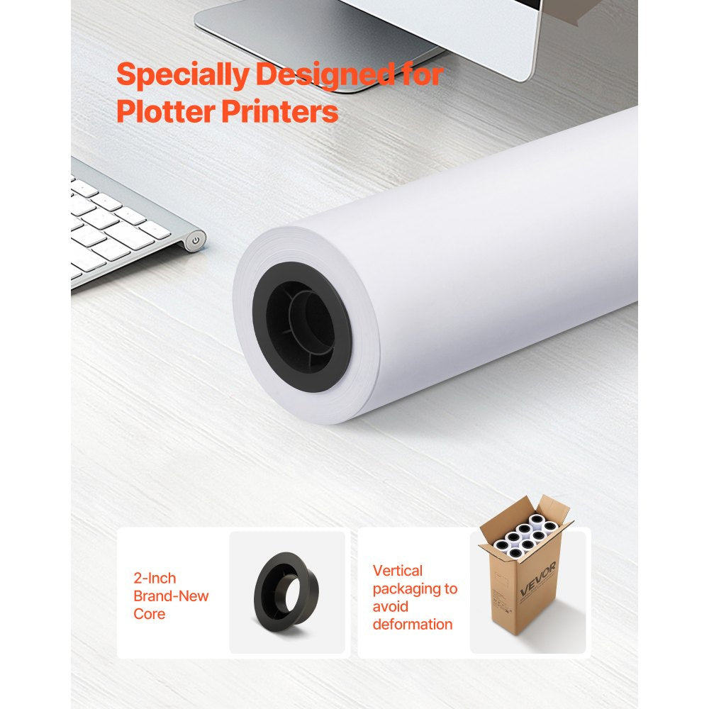 VEVOR Wide Format Paper, 24 in x 150 ft Plotter Roll, 8 Rolls CAD Bond Rolls with 2 in Core, 20 LB Bond Paper Rolls, Ideal for CAD Drawings, Engineering Plans, GIS Maps, and Architectural Designs