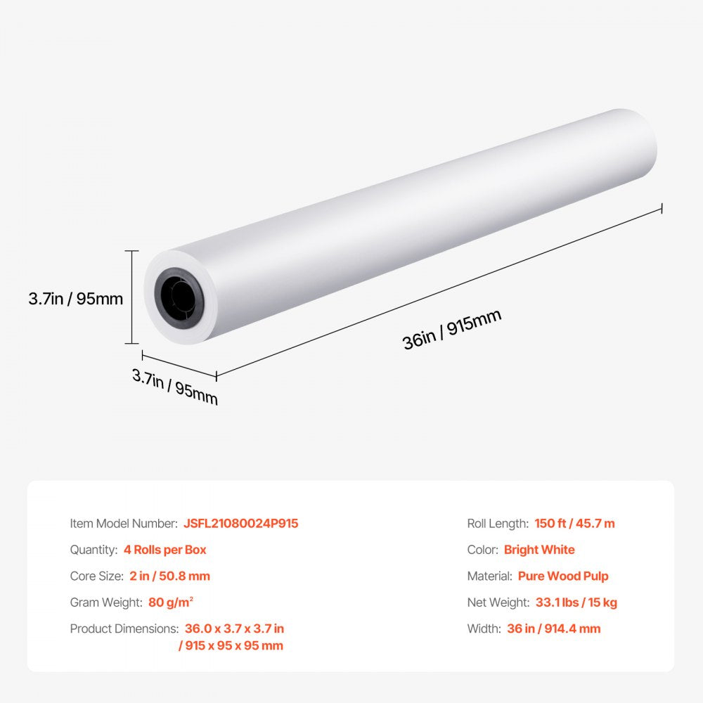 VEVOR Wide Format Paper, 36 in x 150 ft Plotter Paper, 4 Rolls CAD Bond Rolls with 2 in Core, 20 LB Bond Paper Rolls, Idea for CAD Drawings, Engineering Plans, GIS Maps & Architectural Designs