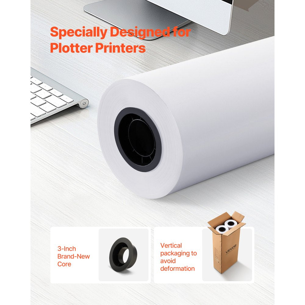 VEVOR Wide Format Paper, 30 in x 500 ft Plotter Roll, 2 Rolls CAD Bond Rolls with 3 in Core, 20 LB Bond Paper Rolls, Ideal for CAD Drawings, Engineering Plans, GIS Maps, and Architectural Designs