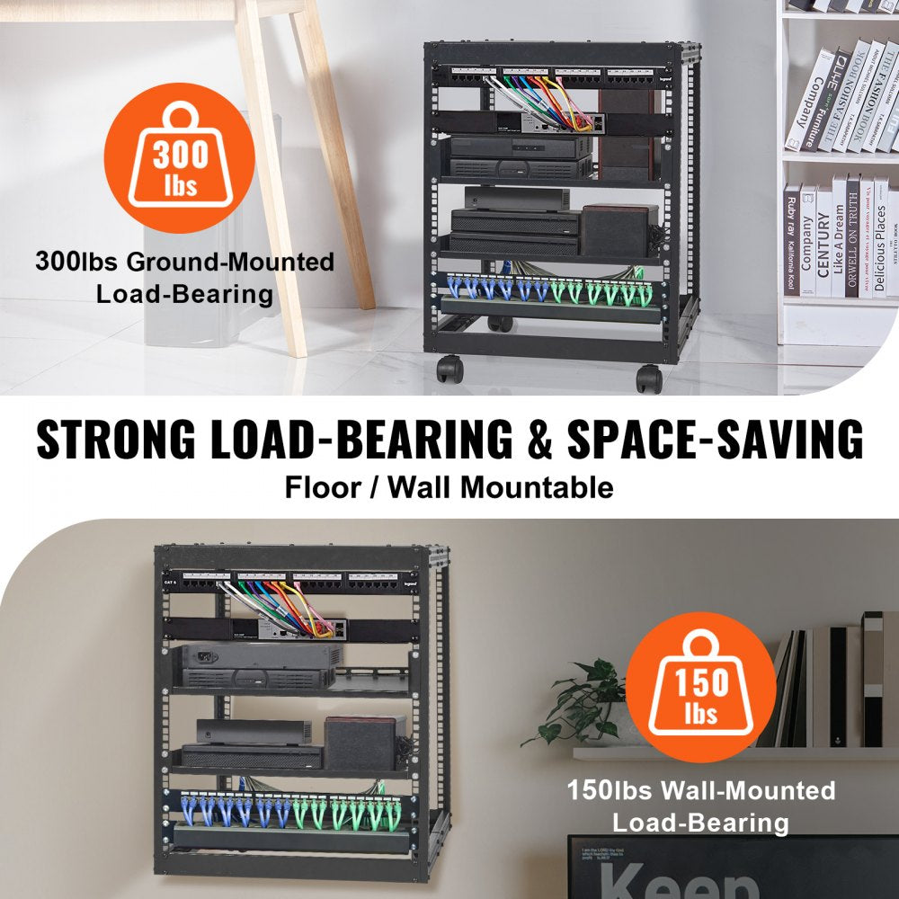 VEVOR 12U Open Frame Server Rack, 23-40 in Adjustable Depth, Free Standing or Wall Mount Network Server Rack, 4 Post AV Rack with Casters, Holds All Your Networking IT Equipment AV Gear Router Modem
