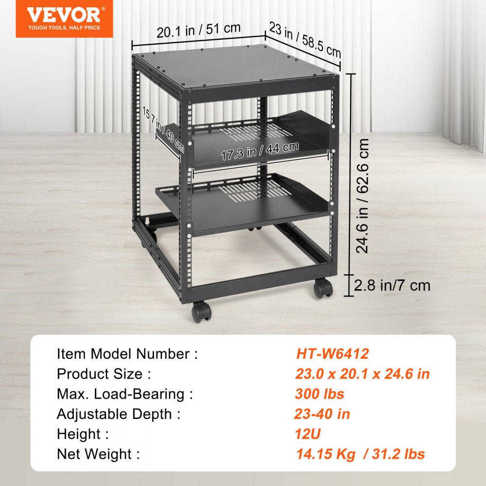 VEVOR 12U Open Frame Server Rack, 23-40 in Adjustable Depth, Free Standing or Wall Mount Network Server Rack, 4 Post AV Rack with Casters, Holds All Your Networking IT Equipment AV Gear Router Modem