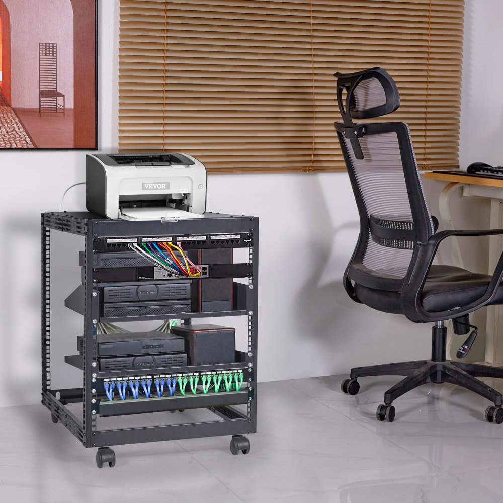 VEVOR 12U Open Frame Server Rack, 23-40 in Adjustable Depth, Free Standing or Wall Mount Network Server Rack, 4 Post AV Rack with Casters, Holds All Your Networking IT Equipment AV Gear Router Modem