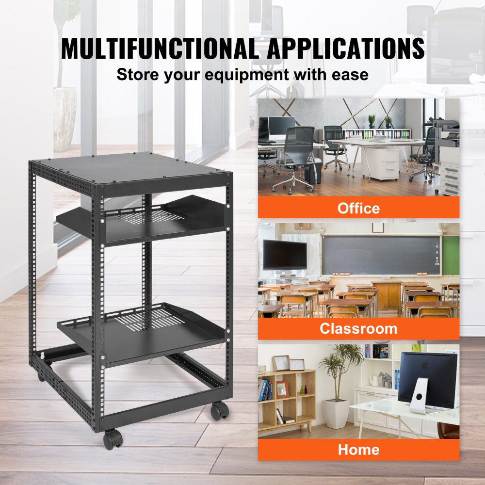 VEVOR 15U Open Frame Server Rack, 23-40 in Adjustable Depth, Free Standing or Wall Mount Network Server Rack, 4 Post AV Rack with Casters, Holds All Your Networking IT Equipment AV Gear Router Modem