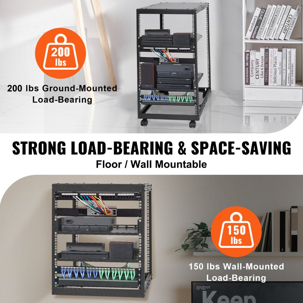VEVOR 20U Open Frame Server Rack, 23-40 in Adjustable Depth, Free Standing or Wall Mount Network Server Rack, 4 Post AV Rack with Casters, Holds All Your Networking IT Equipment AV Gear Router Modem