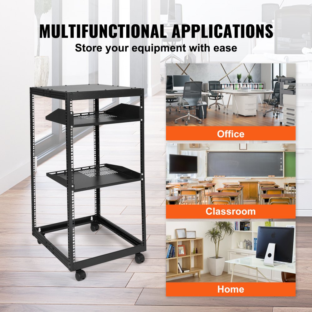 VEVOR 20U Open Frame Server Rack, 23-40 in Adjustable Depth, Free Standing or Wall Mount Network Server Rack, 4 Post AV Rack with Casters, Holds All Your Networking IT Equipment AV Gear Router Modem