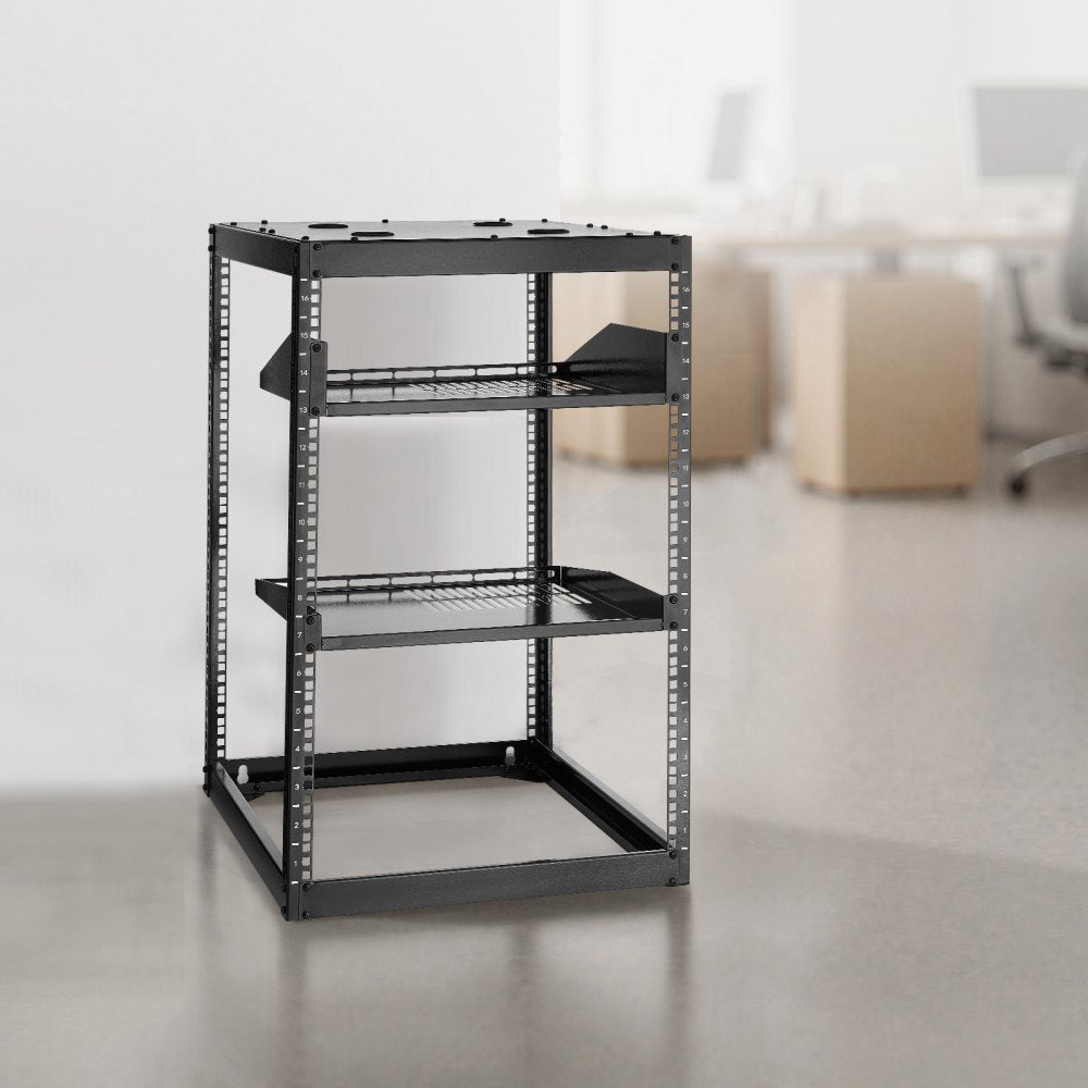 VEVOR 16U Open Frame Network Rack, 23 in Depth, Wall Mounted or Floor Standing Server Rack, Heavy Duty 4 Post, with Vented Shelves & Mounting Hardware, Holds All Your Networking IT Equipment AV Gear