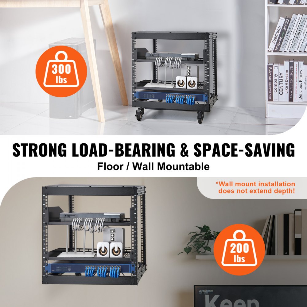 VEVOR 9U Open Frame Server Rack, 23''-40'' Adjustable Depth, Free Standing or Wall Mount Network Server Rack with 360° Casters, Heavy Duty 4 Post Holds All Your Networking IT Equipment AV Gear Router