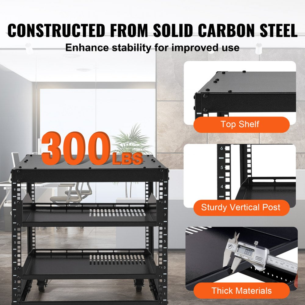 VEVOR 9U Open Frame Server Rack, 23''-40'' Adjustable Depth, Free Standing or Wall Mount Network Server Rack with 360° Casters, Heavy Duty 4 Post Holds All Your Networking IT Equipment AV Gear Router