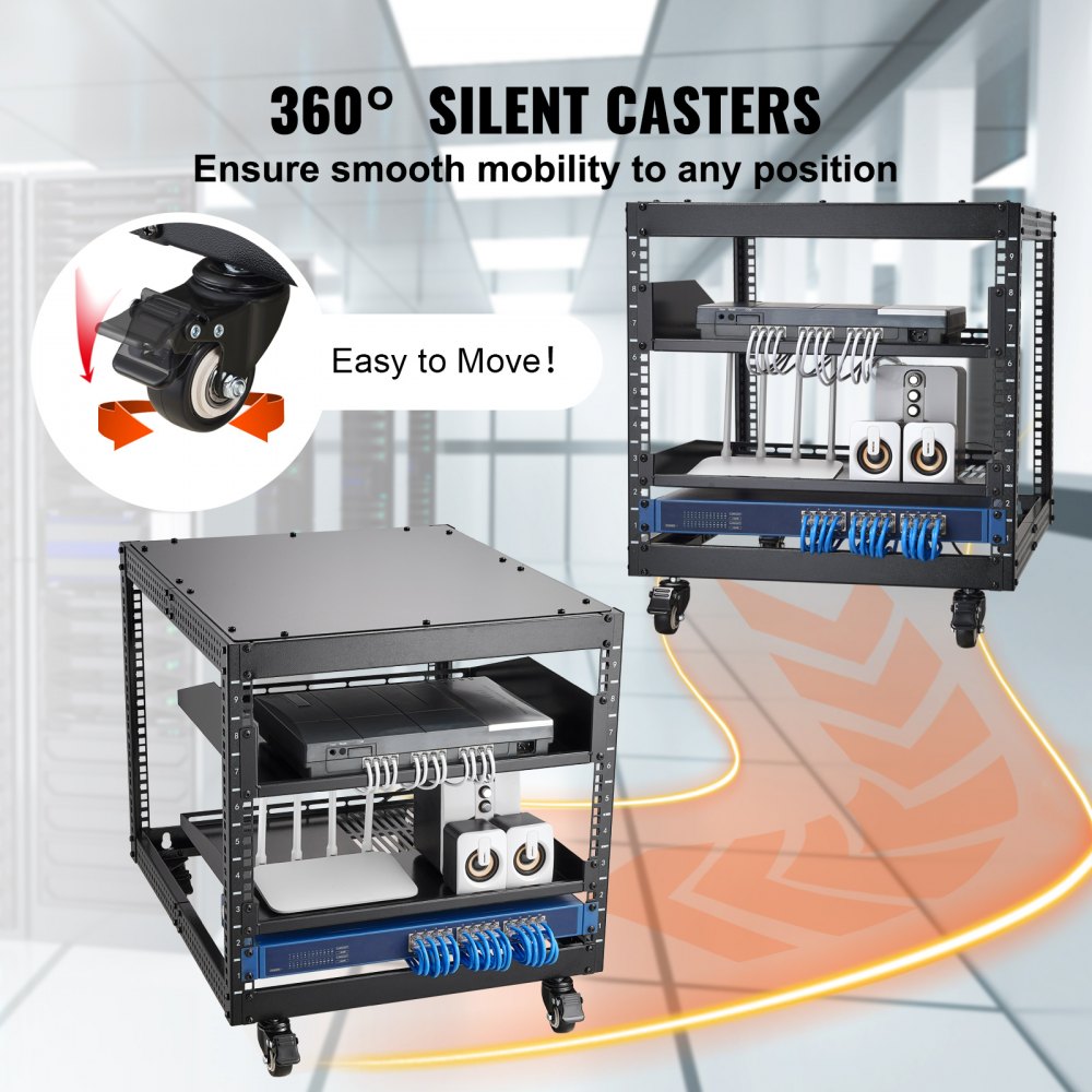 VEVOR 9U Open Frame Server Rack, 23''-40'' Adjustable Depth, Free Standing or Wall Mount Network Server Rack with 360° Casters, Heavy Duty 4 Post Holds All Your Networking IT Equipment AV Gear Router