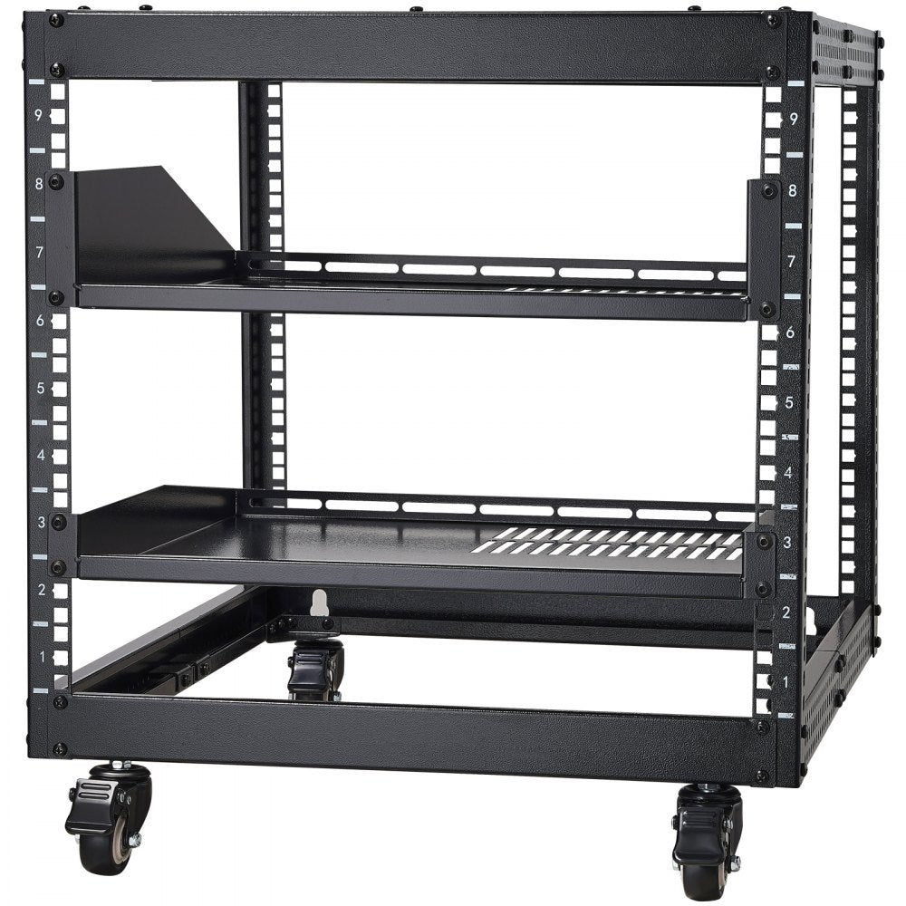 VEVOR 9U Open Frame Server Rack, 23''-40'' Adjustable Depth, Free Standing or Wall Mount Network Server Rack with 360° Casters, Heavy Duty 4 Post Holds All Your Networking IT Equipment AV Gear Router