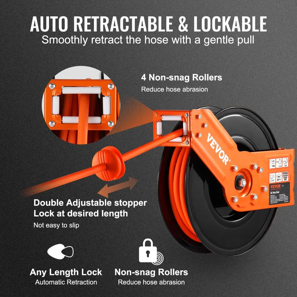 VEVOR Retractable Air Hose Reel, 3/8 IN x 50 FT Hybrid Air Hose Max 300PSI, Air Compressor Hose Reel with 5 In Lead in, Ceiling / Wall Mount Heavy Duty Double Arm Steel Reel