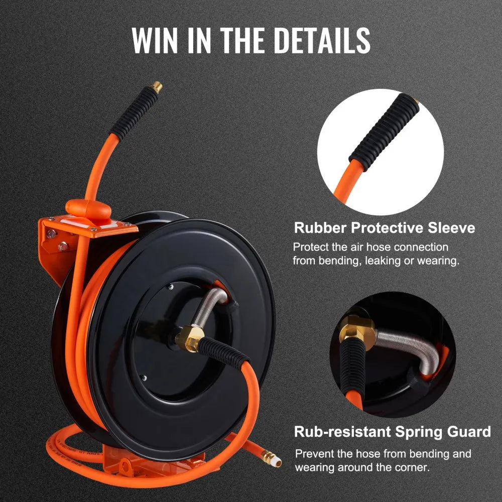 VEVOR Retractable Air Hose Reel, 3/8 IN x 50 FT Hybrid Air Hose Max 300PSI, Air Compressor Hose Reel with 5 In Lead in, Ceiling / Wall Mount Heavy Duty Double Arm Steel Reel