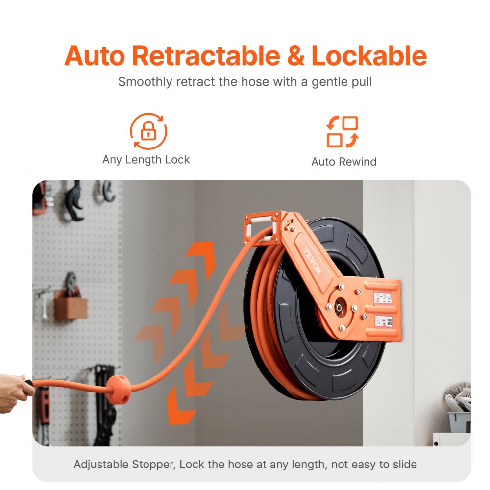 VEVOR Retractable Air Hose Reel, 3/8IN x 100FT Rubber Air Hose Max 300PSI, Air Compressor Hose Reel Auto-Rewind with 5FT Lead in, Ceiling/Wall Mount Heavy Duty Single Arm Steel Reel, 1/4" NPT Fitting