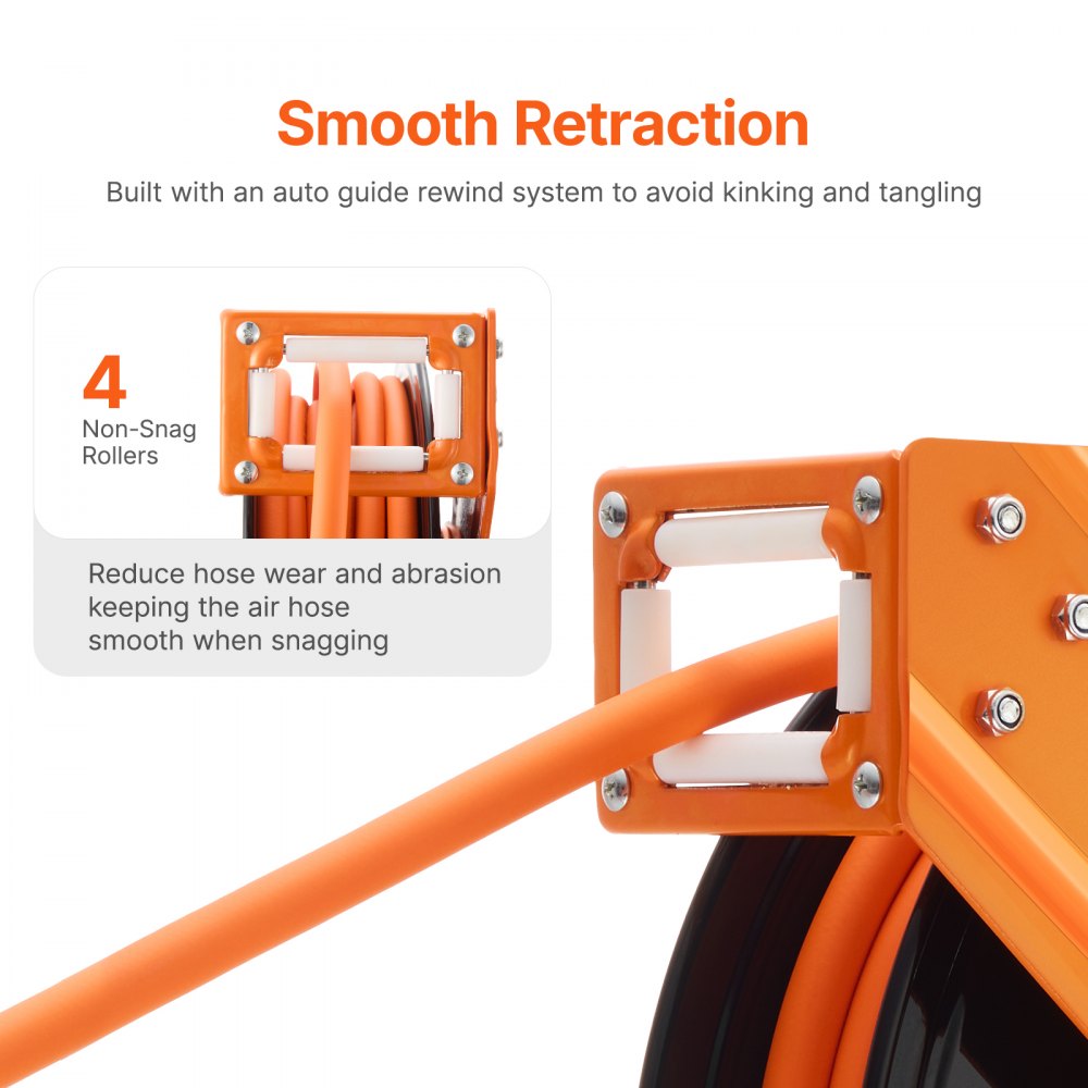 VEVOR Retractable Air Hose Reel, 3/8IN x 50FT Rubber Air Hose Max 300PSI, Air Compressor Hose Reel Auto-Rewind with 5FT Lead in, Ceiling/Wall Mount Heavy Duty Single Arm Reel & 180° Swivel Bracket