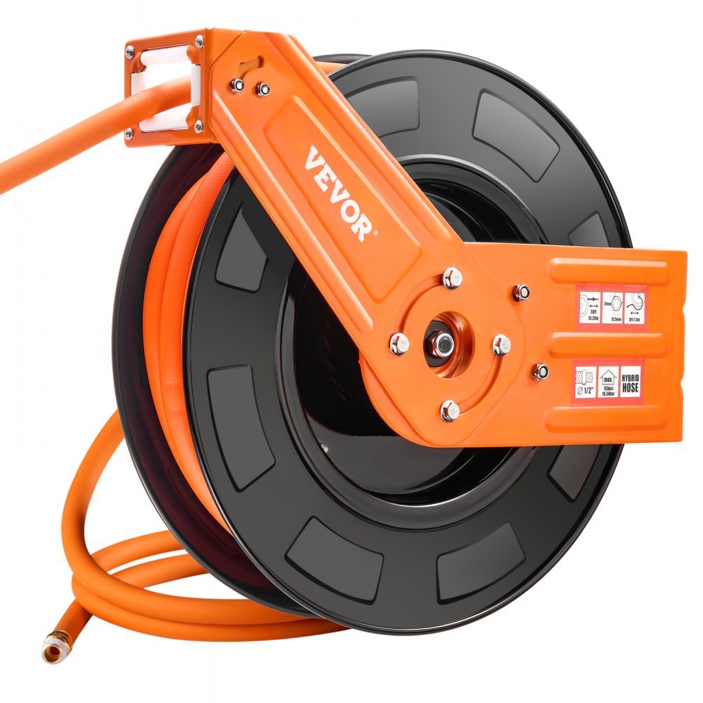 VEVOR Retractable Air Hose Reel, 1/2 IN x 50 FT Hybrid Air Hose Max 300PSI, Air Compressor Hose Reel Auto-Rewind with 5FT Lead in, Ceiling/Wall Mount Heavy Duty Single Arm Steel Reel, 1/2" NPT Fitting