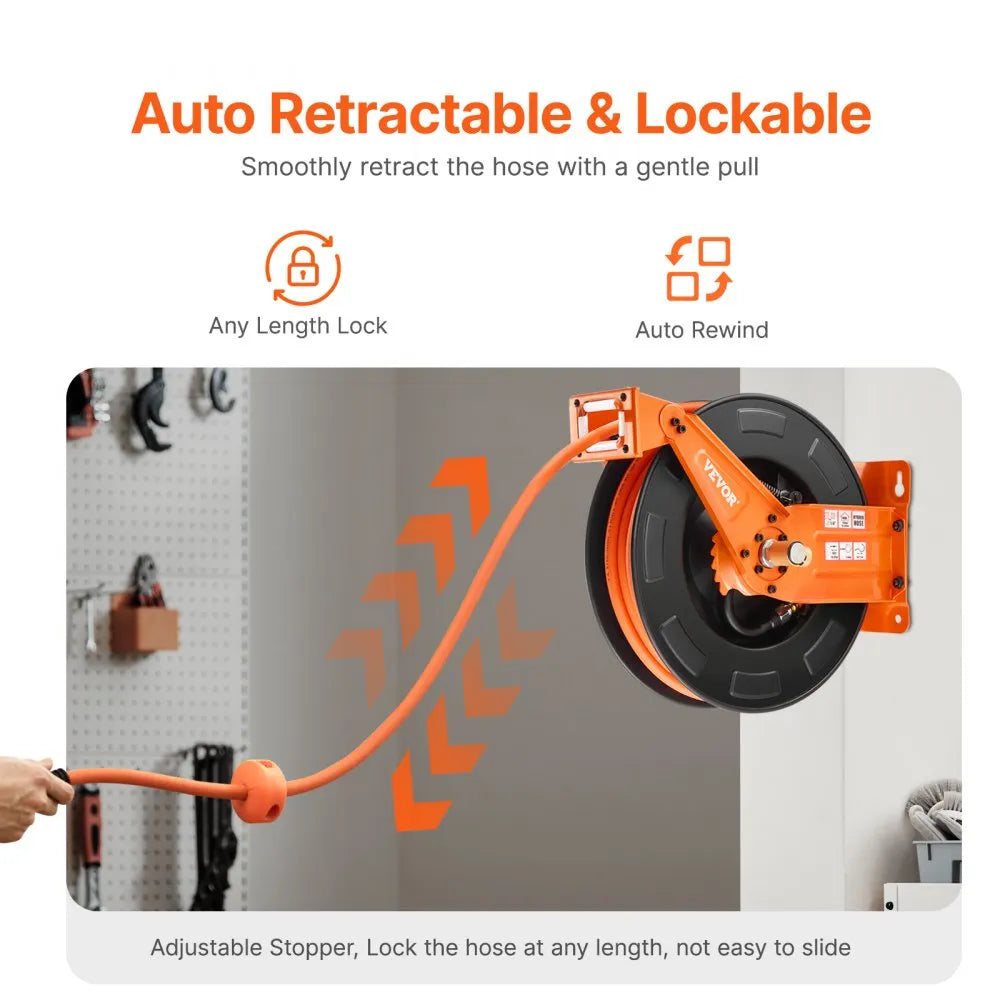 VEVOR Retractable Air Hose Reel with Double Arms, 3/8 IN x 65FT Hybrid Air Hose Max 300PSI, Air Compressor Hose Reel with 5FT Lead in, Ceiling/Wall Mount Heavy Duty Steel Reel for Workshop Garage
