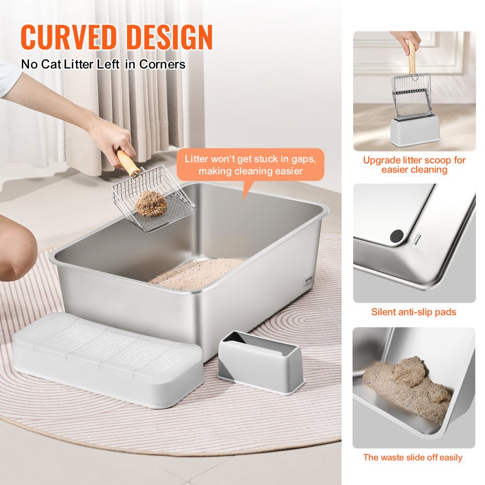 VEVOR Cat Litter Box, 8 inches Deep, XL Extra Large Stainless Steel Cat Litter Box with Scoop, Wide Filtering Foot Board & High Sides, Enclosed Odor-Free Easy-to-Clean Litter Box, Fit for Big Cats
