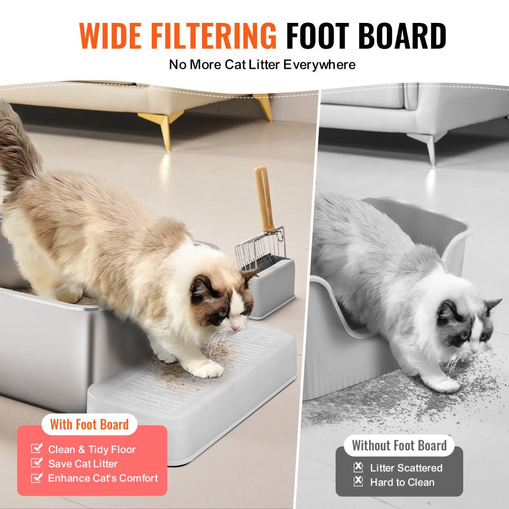 VEVOR Cat Litter Box, 8 inches Deep, XL Extra Large Stainless Steel Cat Litter Box with Scoop, Wide Filtering Foot Board & High Sides, Enclosed Odor-Free Easy-to-Clean Litter Box, Fit for Big Cats