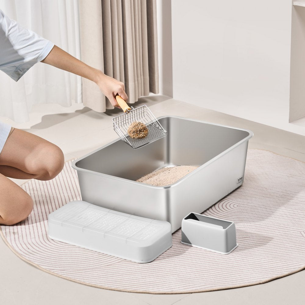VEVOR Cat Litter Box, 8 inches Deep, XL Extra Large Stainless Steel Cat Litter Box with Scoop, Wide Filtering Foot Board & High Sides, Enclosed Odor-Free Easy-to-Clean Litter Box, Fit for Big Cats