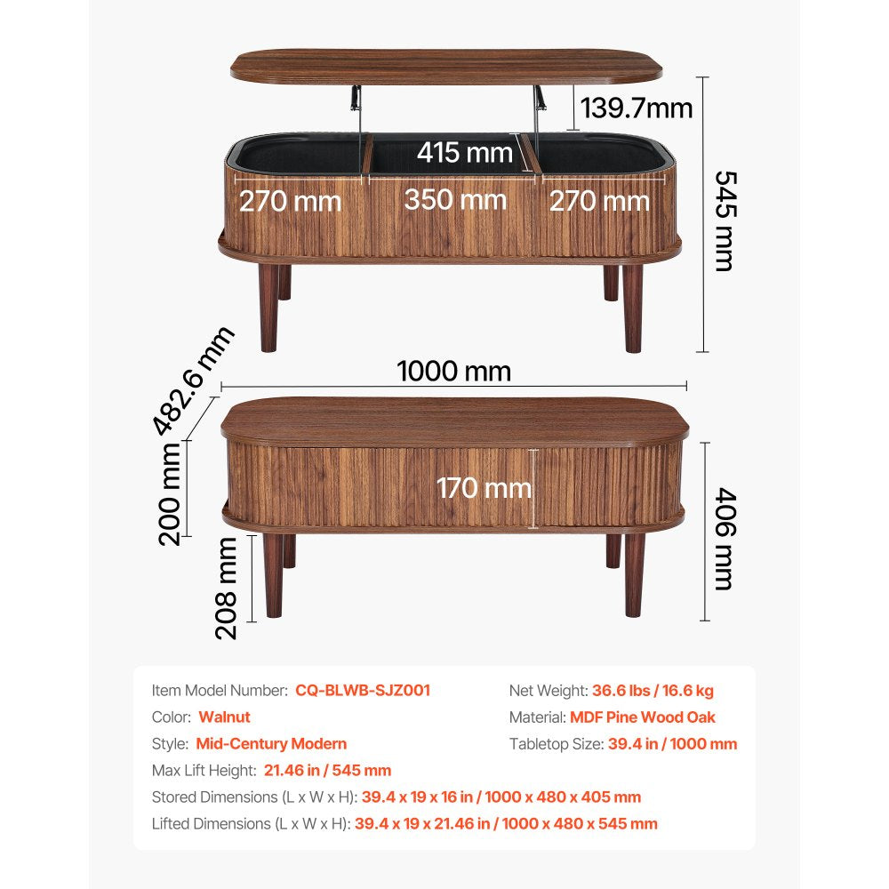 VEVOR 39.4 in Lift Top Coffee Table, Fluted Oval Coffee Table with 3 Hidden Compartment, Mid Century Wooden Oval Center Desk with Storage, Lift Up Tabletop for Home & Office, Easy Assembly, Walnut