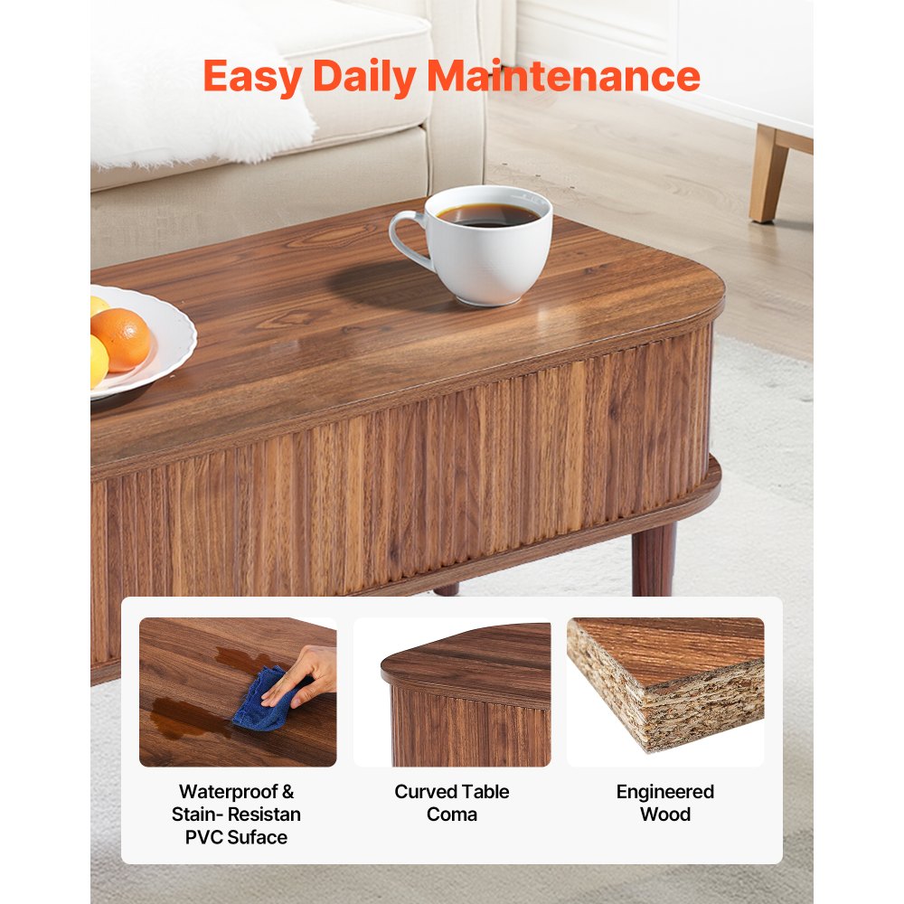 VEVOR 39.4 in Lift Top Coffee Table, Fluted Oval Coffee Table with 3 Hidden Compartment, Mid Century Wooden Oval Center Desk with Storage, Lift Up Tabletop for Home & Office, Easy Assembly, Walnut