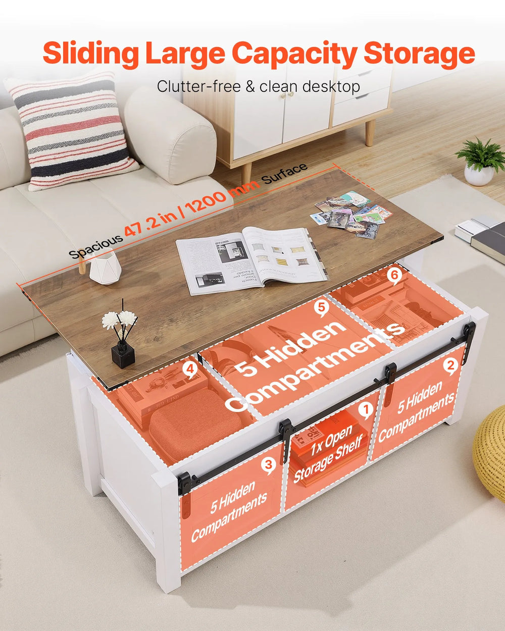 VEVOR 47.2 in Farmhouse Lift Top Coffee Table, Rustic Center Table with Barn Door and Hidden Storage Compartment, Modern Rectangle Lifting Tabletop for Living Room, Office, Home, Easy Assembly, White