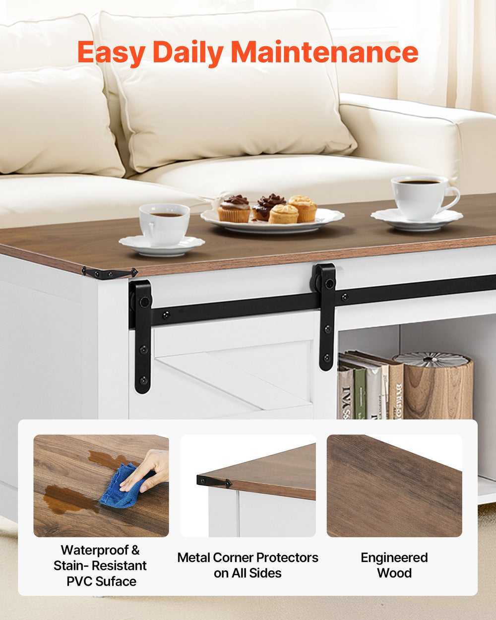 VEVOR 47.2 in Farmhouse Lift Top Coffee Table, Rustic Center Table with Barn Door and Hidden Storage Compartment, Modern Rectangle Lifting Tabletop for Living Room, Office, Home, Easy Assembly, White