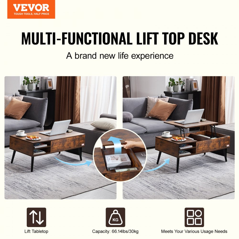 VEVOR Lift Top Coffee Table, 39.4 in Rectangle Coffee Table with Extra Storage Pockets, Pop Up Coffee Table for Living Room, Brown